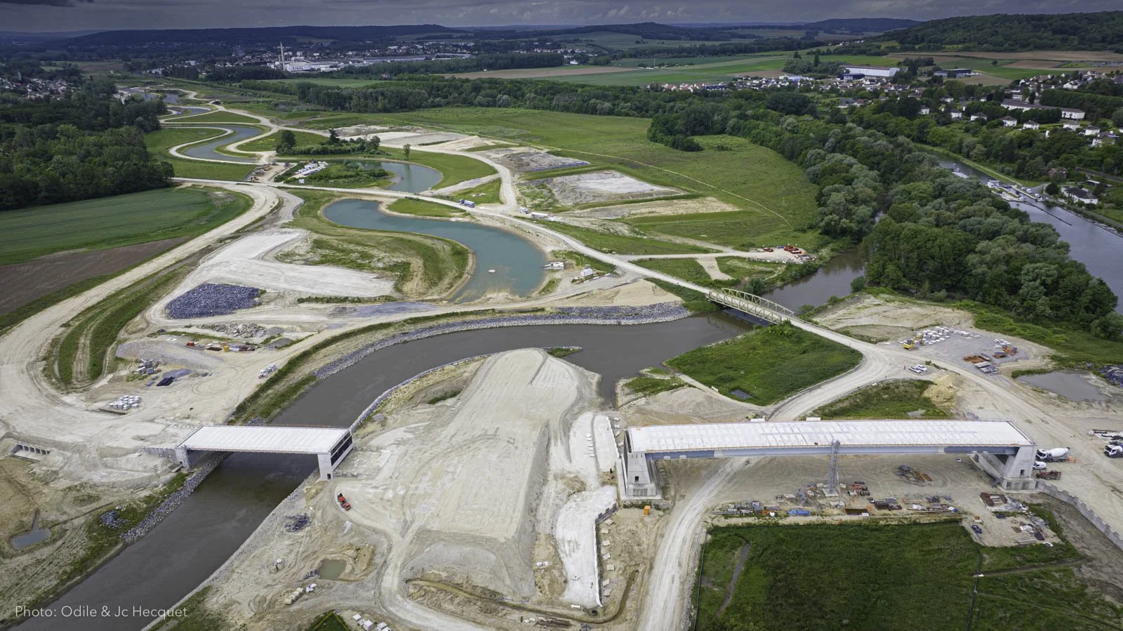 Aerial view of bridges spanning the Oise and future Seine-Nord Europe Canal corridor in France.