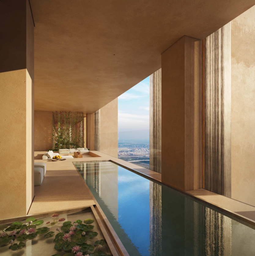 Muraba Veil luxury residence terrace with reflecting pool overlooking Dubai