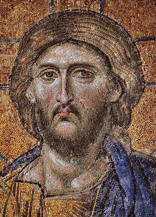 Detailed Byzantine mosaic of Christ Pantocrator preserved inside Hagia Sophia in Istanbul.