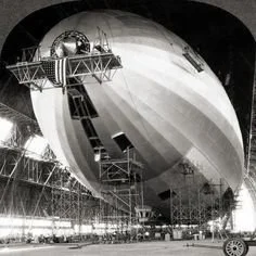 Historic rigid airship under construction inside the enormous Goodyear Airdock in Akron, Ohio.