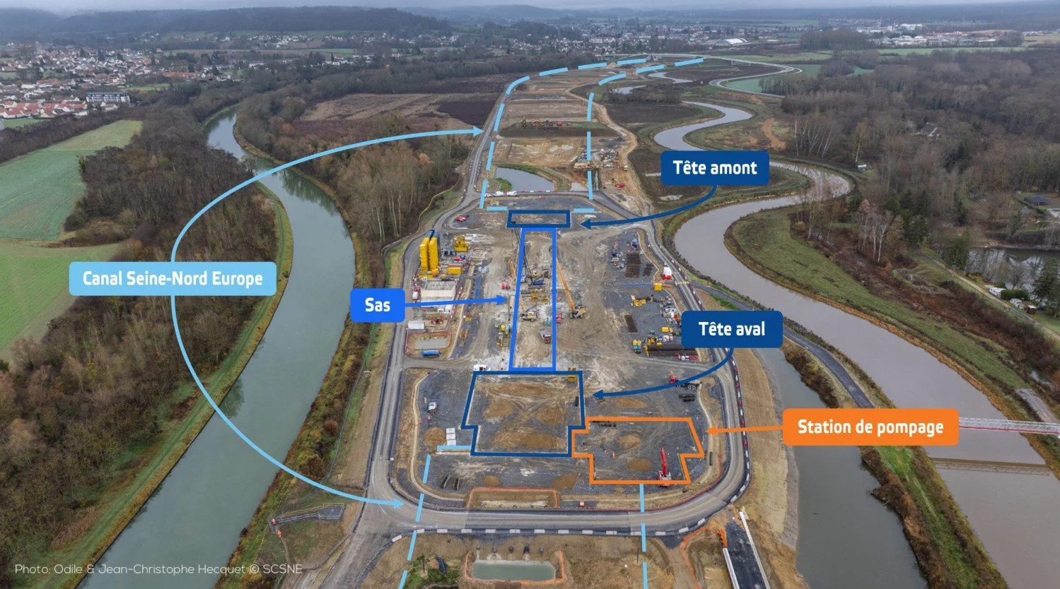 Aerial view of the Oise River realignment works for the Seine-Nord Europe Canal project.