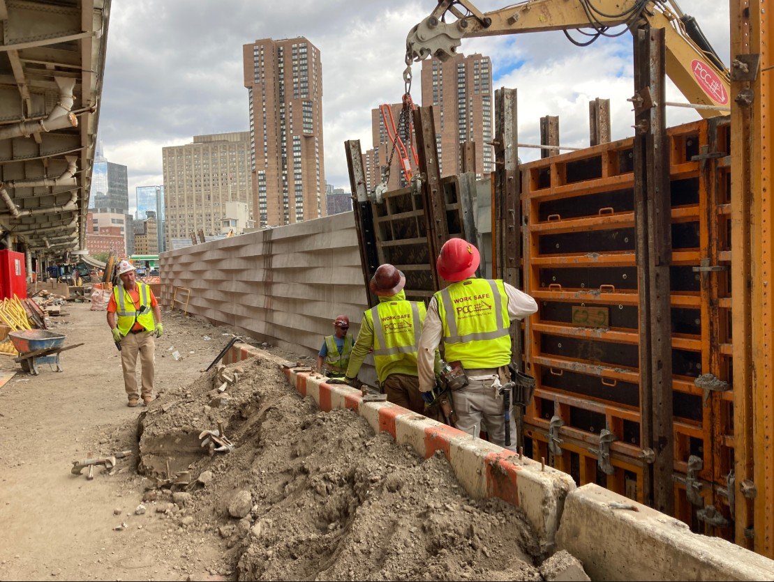 Construction crews building floodwalls for New York City's East Side Coastal Resiliency project