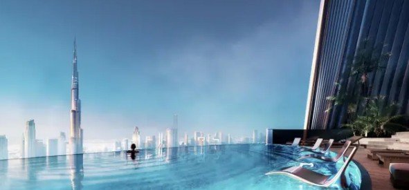 Luxury infinity swimming pool overlooking Dubai at a Mercedes-Benz Places residential development by Binghatti.
