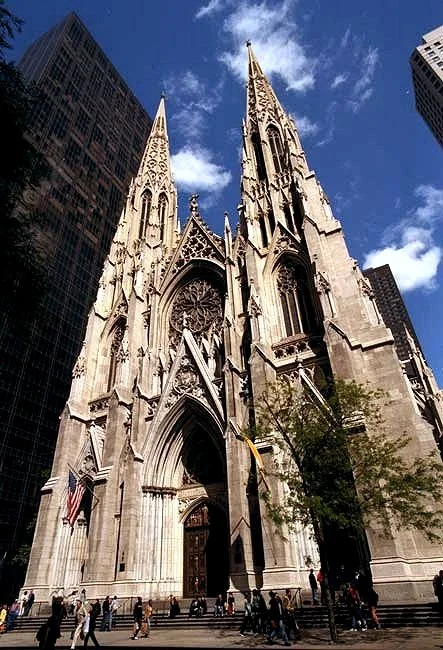 St. Patrick's Cathedral surrounded by skyscrapers in Midtown Manhattan