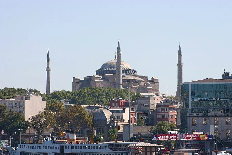 Hagia Sophia rising above Istanbul's historic skyline as viewed from the Bosphorus.