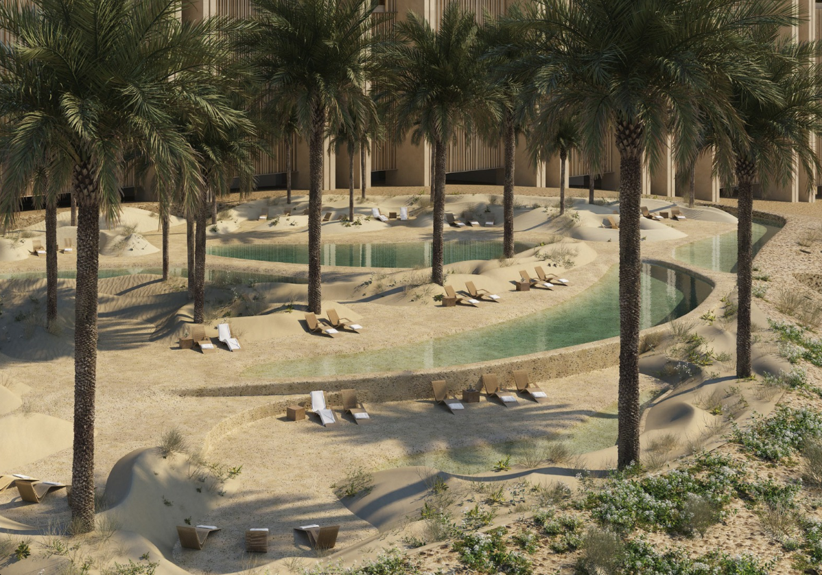 Muraba Veil landscaped desert oasis with pools dunes and palm trees