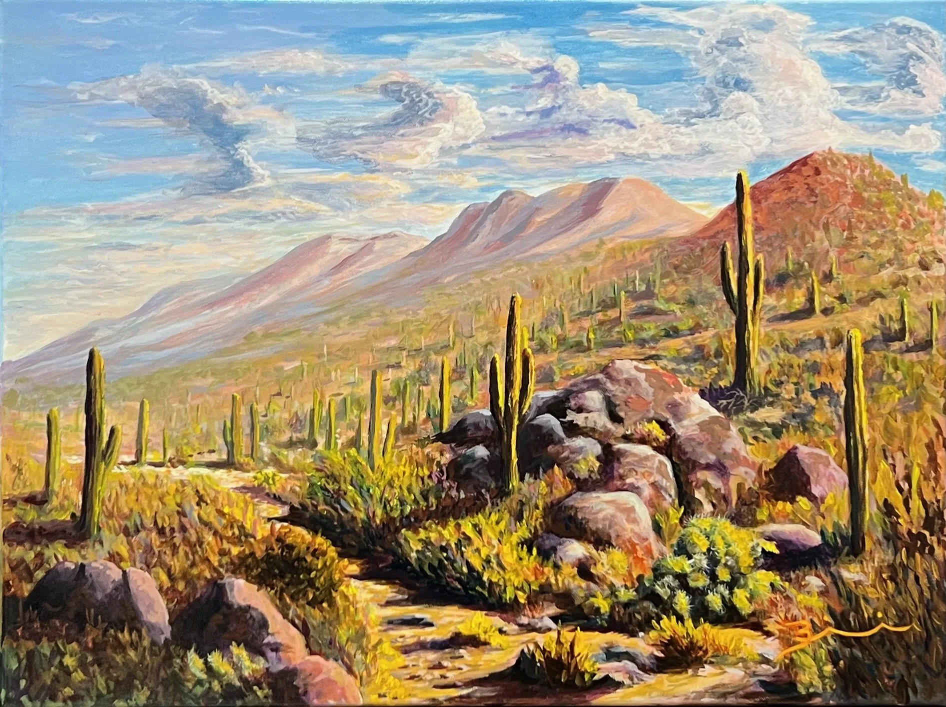 “Trailhead Wash, an original desert landscape painting by Dale Biscardi, featuring saguaros, rocky terrain, and distant mountains beneath a dramatic Arizona sky.”