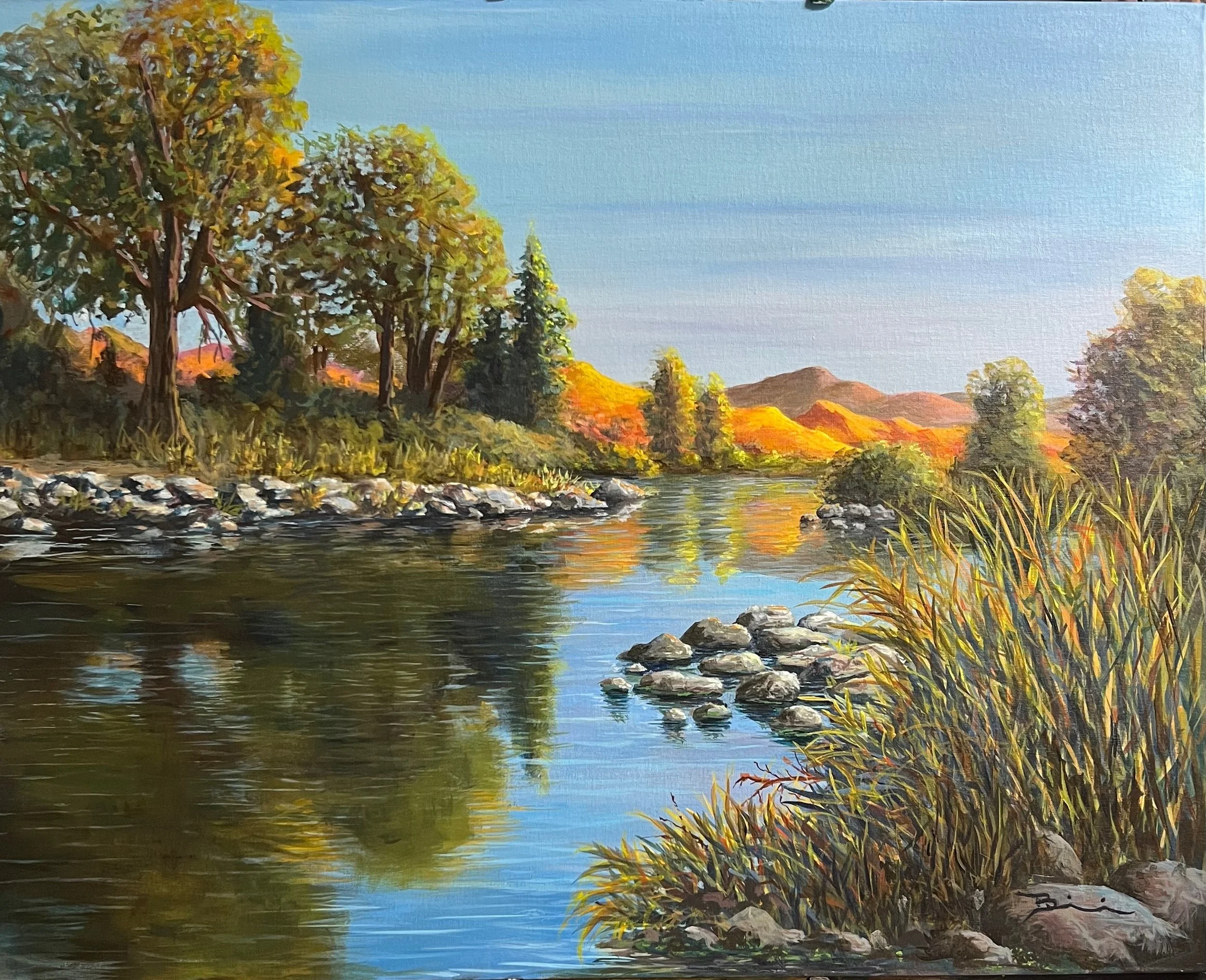 “Where Silence Flows, an original landscape painting by Dale Biscardi, featuring a quiet river, rocky shoreline, trees, and distant hills.”