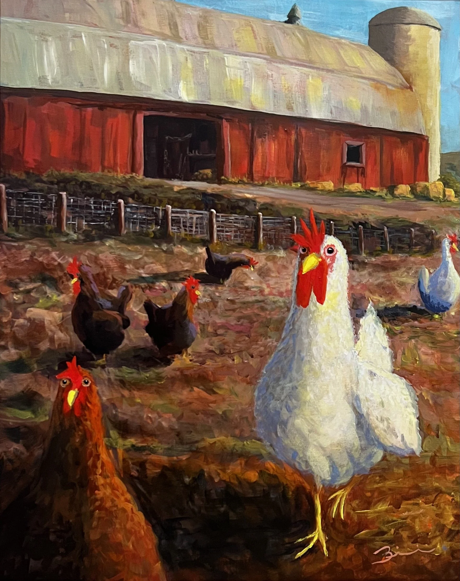 A farm scene with a red barn, white silo, and chickens in the foreground. The barn has open doors, and the chickens are around the dirt ground.