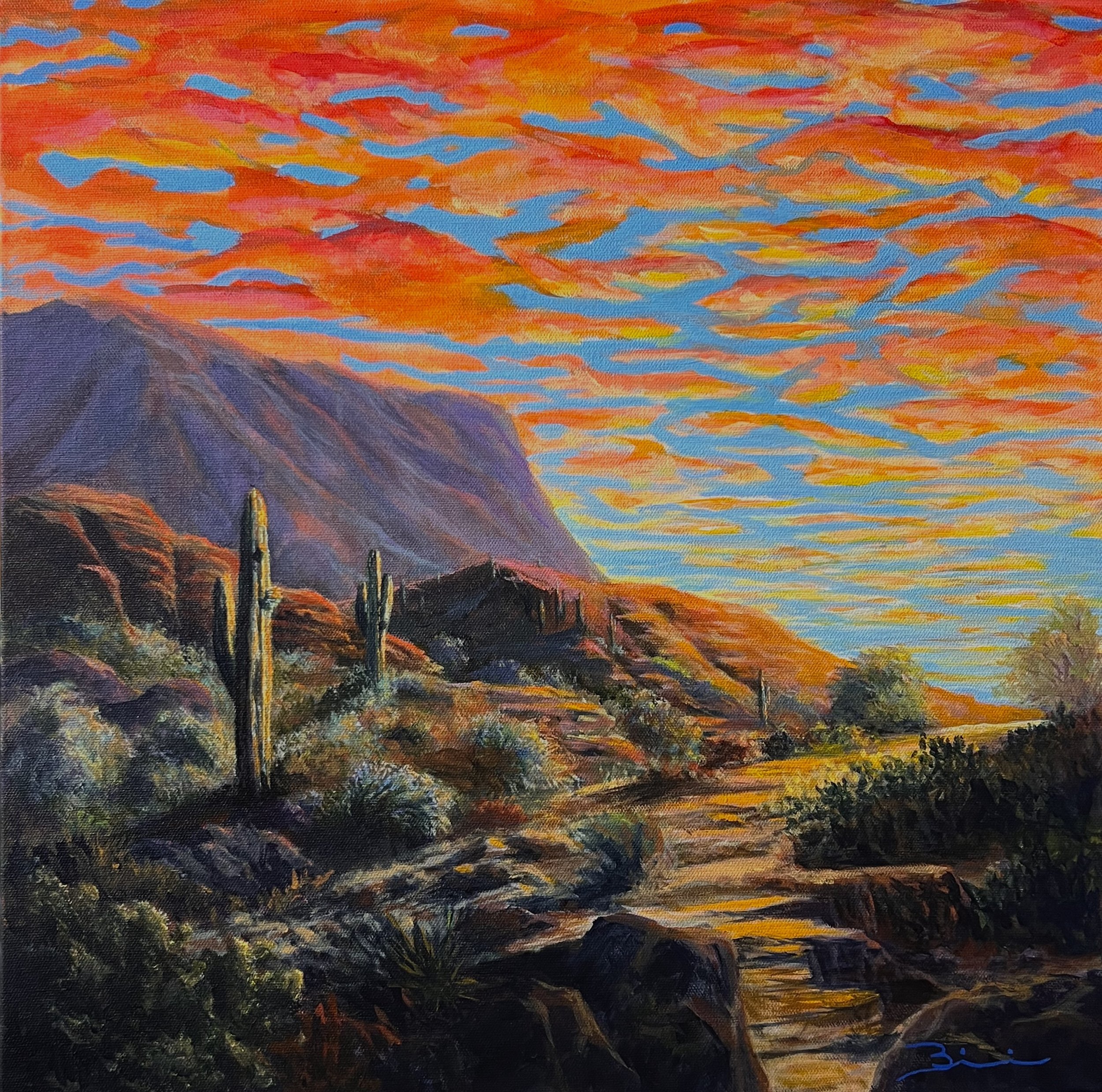 “Beyond the Saguaro, an original desert landscape painting by Dale Biscardi, featuring saguaros beneath a dramatic orange and blue sunset sky.”
