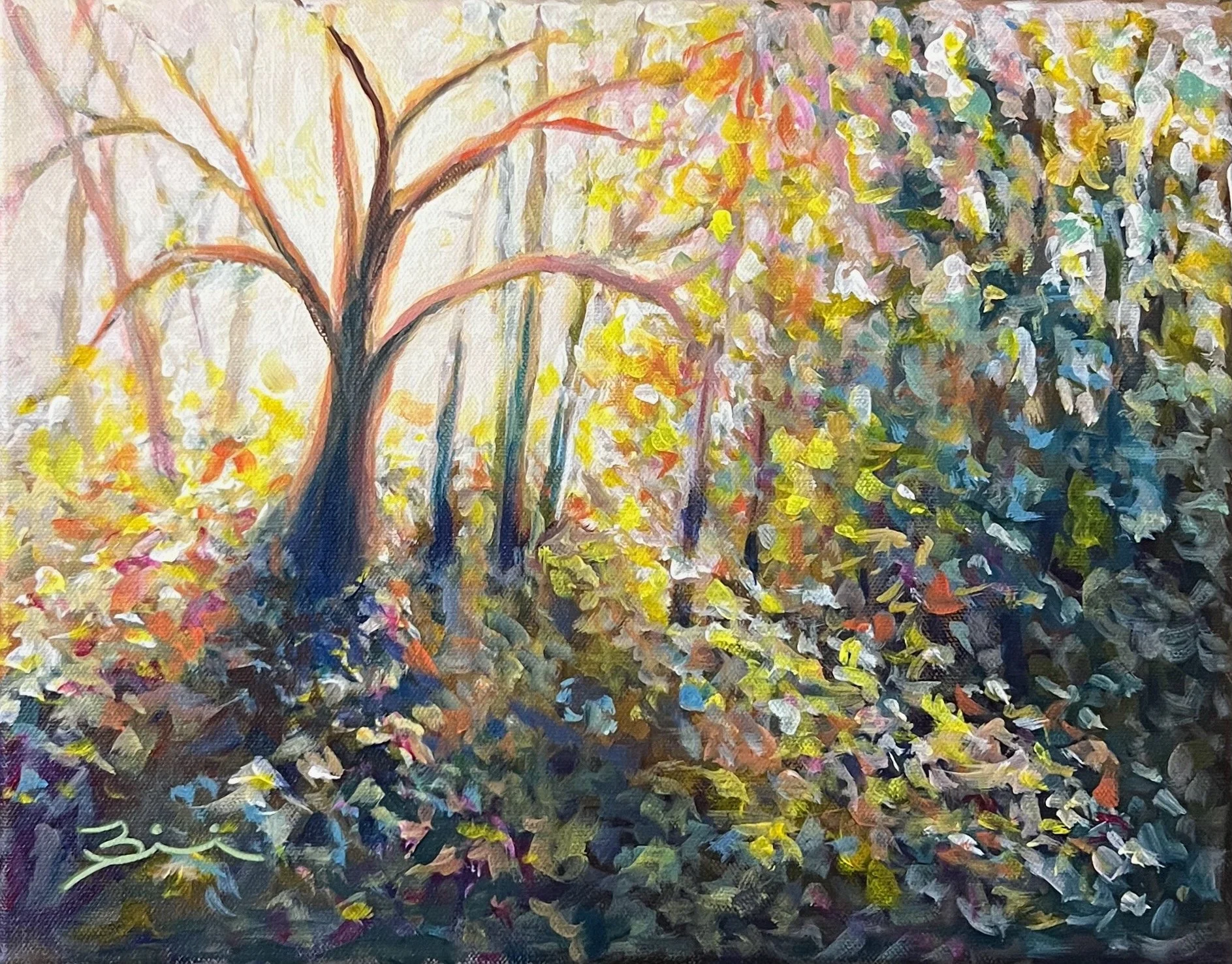 Impressionist painting of a tree with pink, yellow, and green leaves, set in a colorful landscape with abstract foliage and sky in the background.