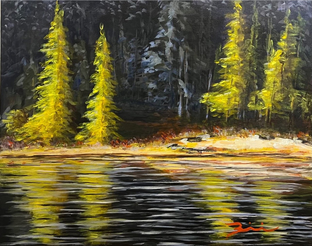 Painting of a forest landscape with tall green pine trees reflecting in a calm body of water, with dark shadows and vibrant highlights.