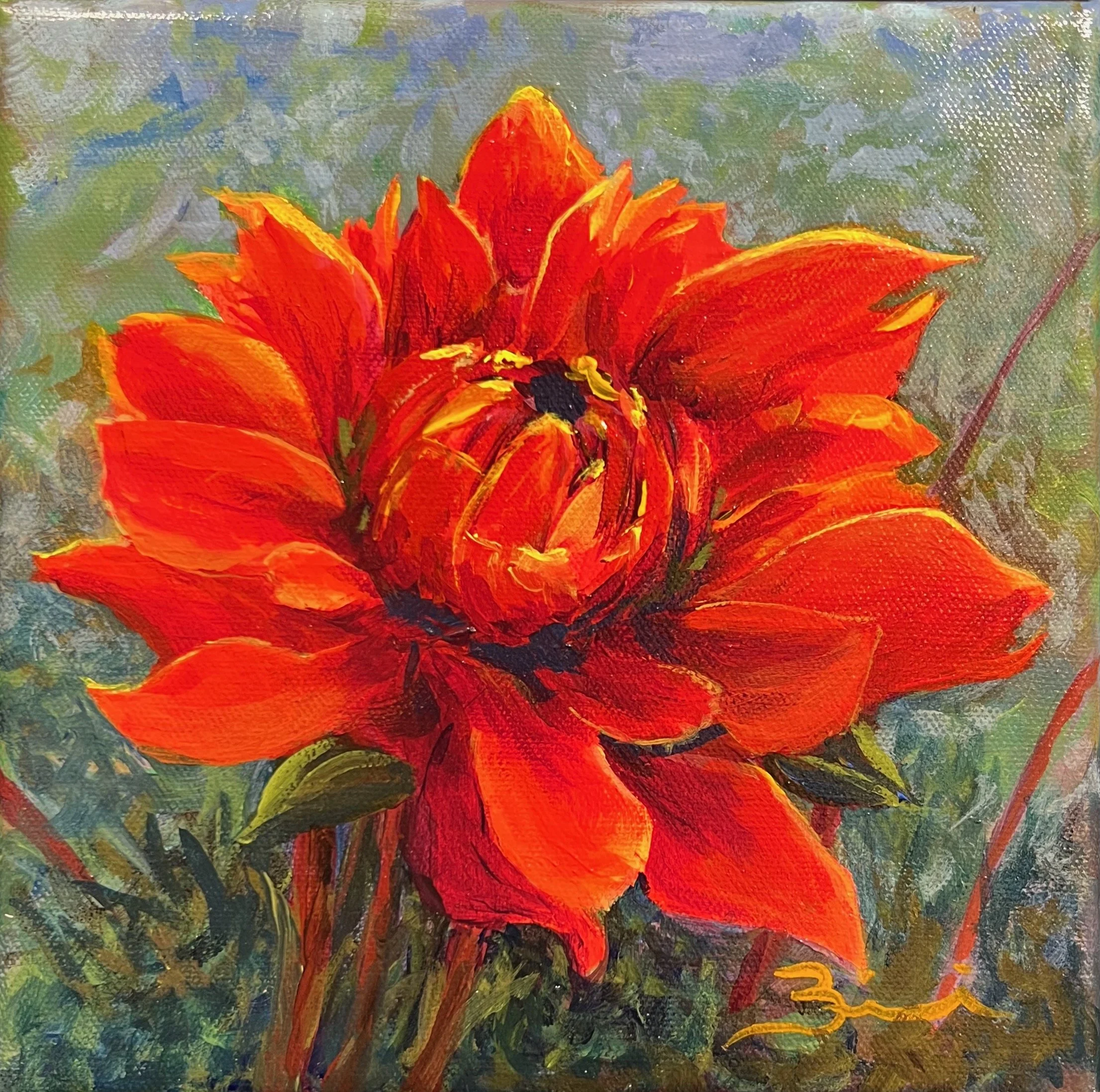 Close-up of an impressionistic painting of a red orange flower with visible brushstrokes on a textured canvas background.