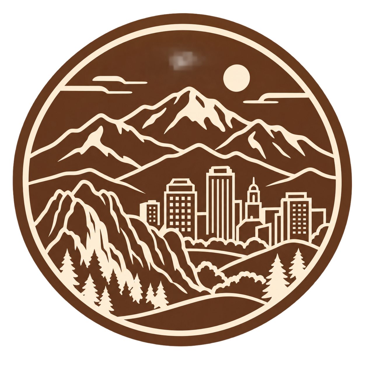 A circular illustration of a cityscape with tall buildings, surrounded by mountains and forests, under a sun and a few clouds.
