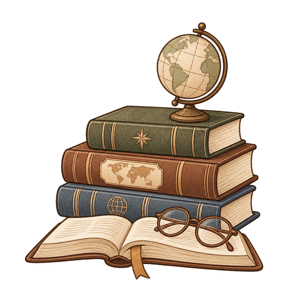Stack of four vintage books with a globe on top, an open book with glasses resting on it in front.