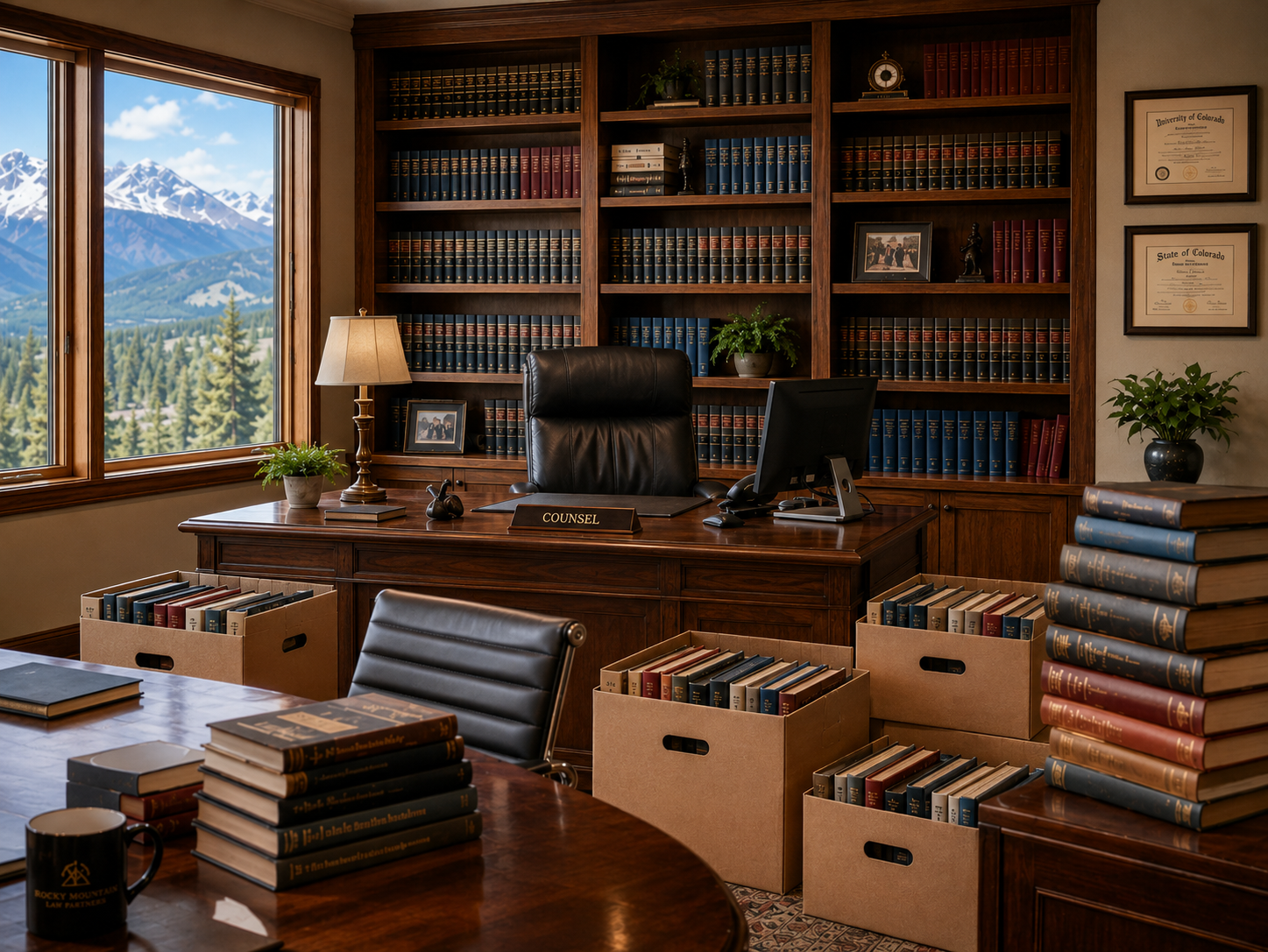 An office with a large wooden desk, black leather chair labeled 'Counsel', and a computer monitor. Behind the desk is a wooden bookshelf filled with law books, some framed diplomas, and decorative items. There are boxes of books on the floor and a big window showing mountains and trees outside.