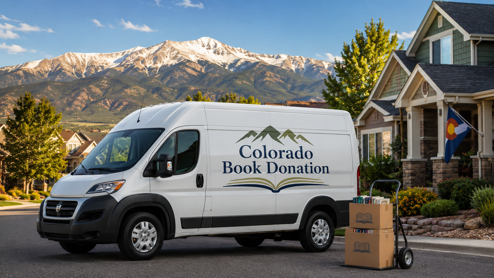 White van with Colorado Book Donation logo parked on a suburban street with houses, trees, and snow-capped mountains in the background. A cart with books and boxes of books is beside the van.