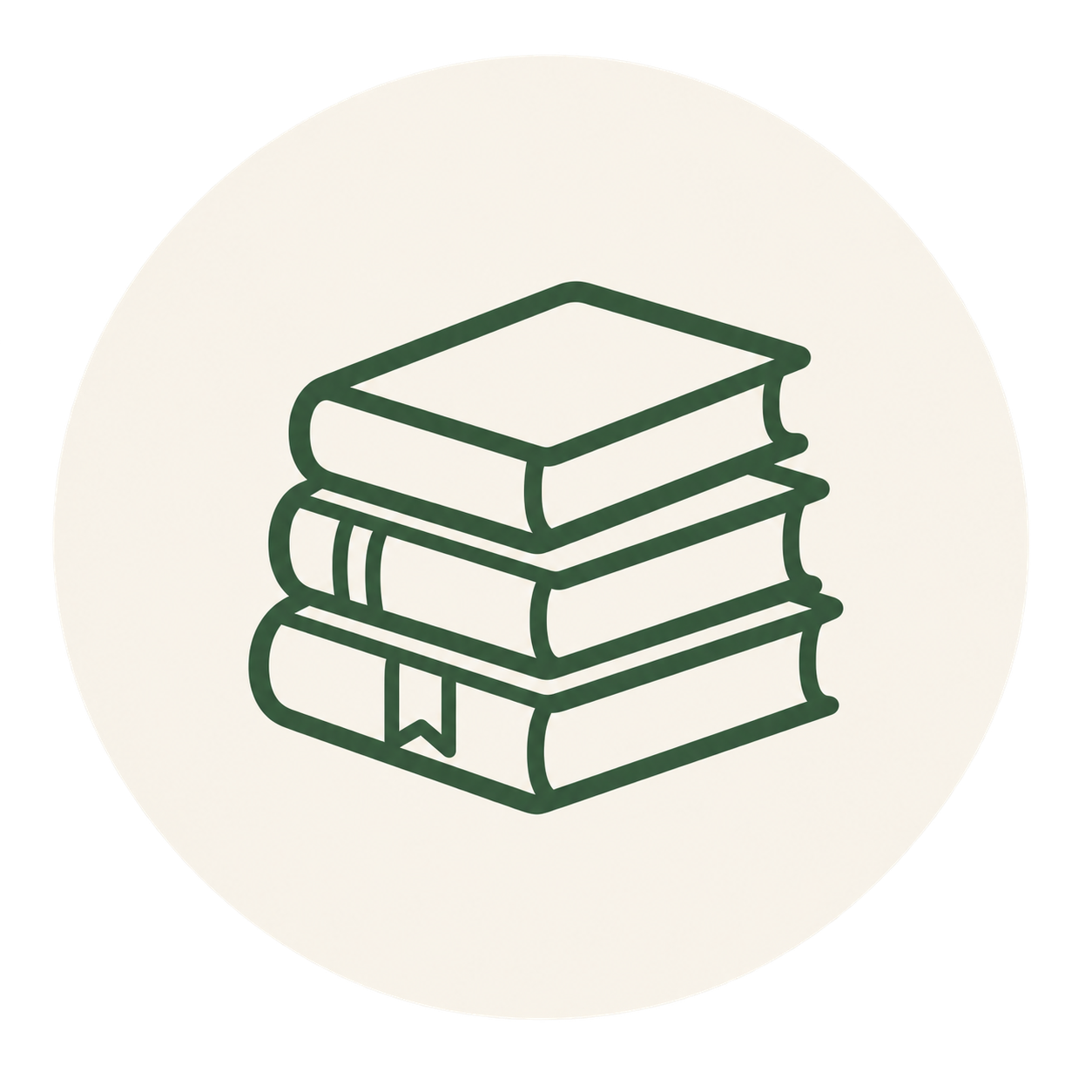 Outline drawing of a stack of four books on a white circular background.