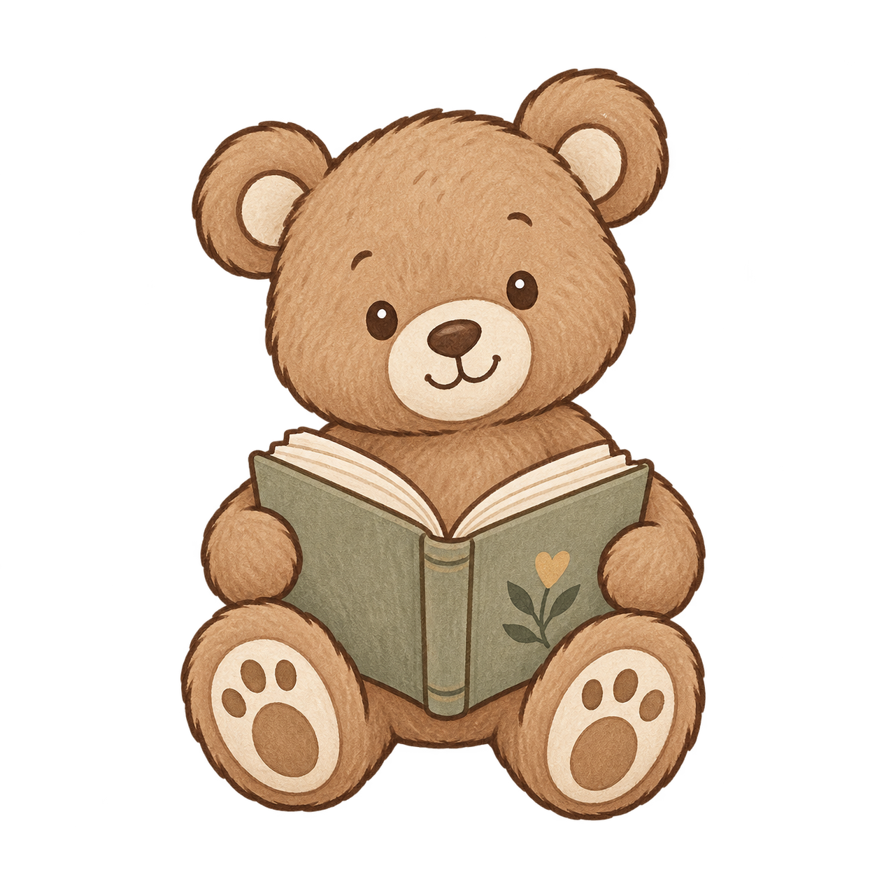 Cute illustrated teddy bear sitting and reading a book with a flower on the cover.