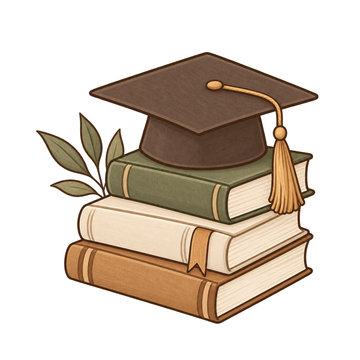 Stack of four books with a graduation cap on top, and a small branch with leaves beside it.