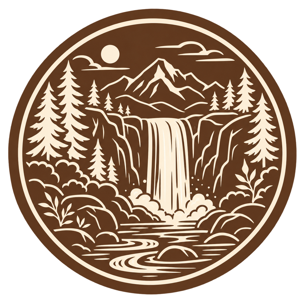 A circular illustration of a mountain landscape with pine trees, a waterfall, a river, and a full moon in the sky.