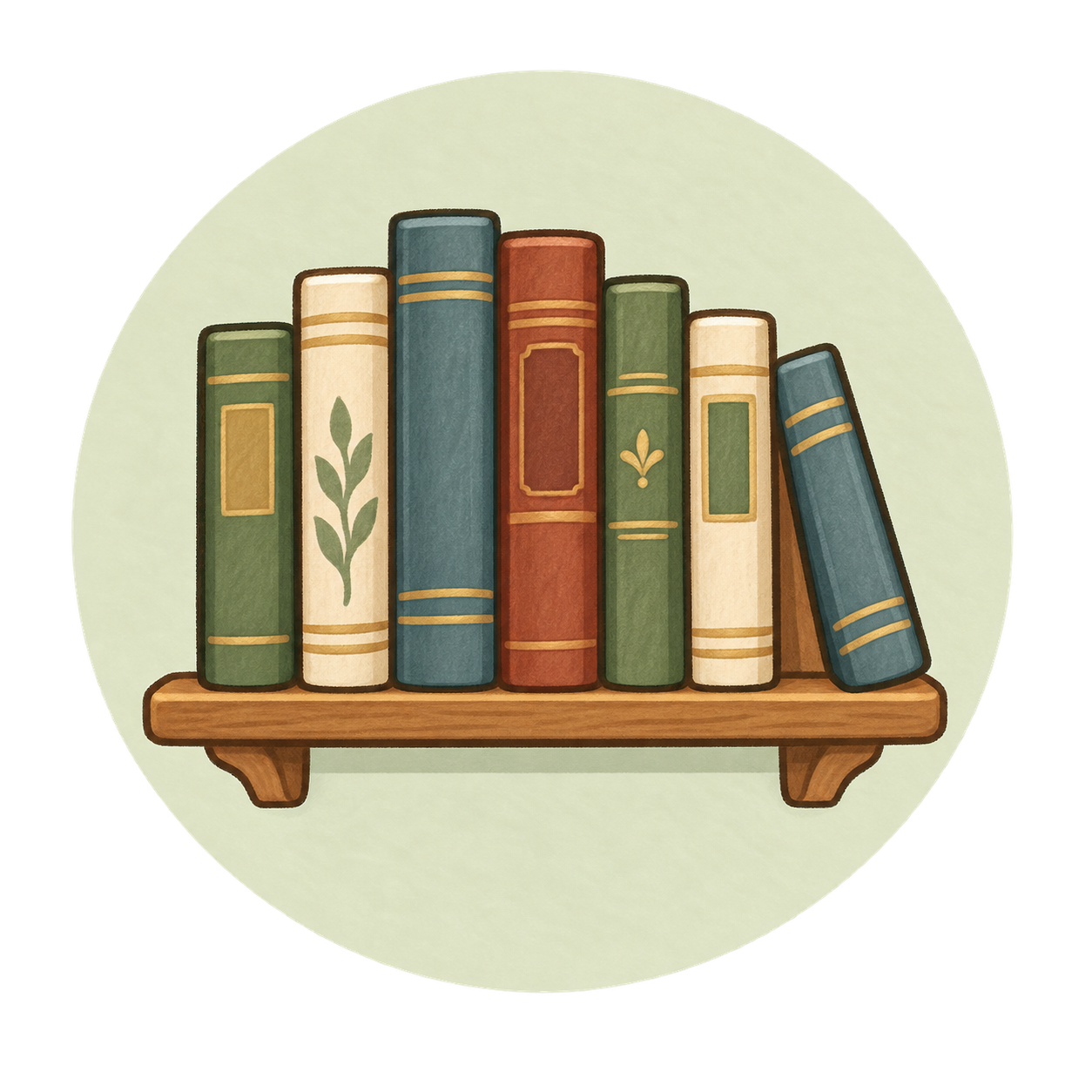 Stack of colorful books on a wooden shelf with a light green background.