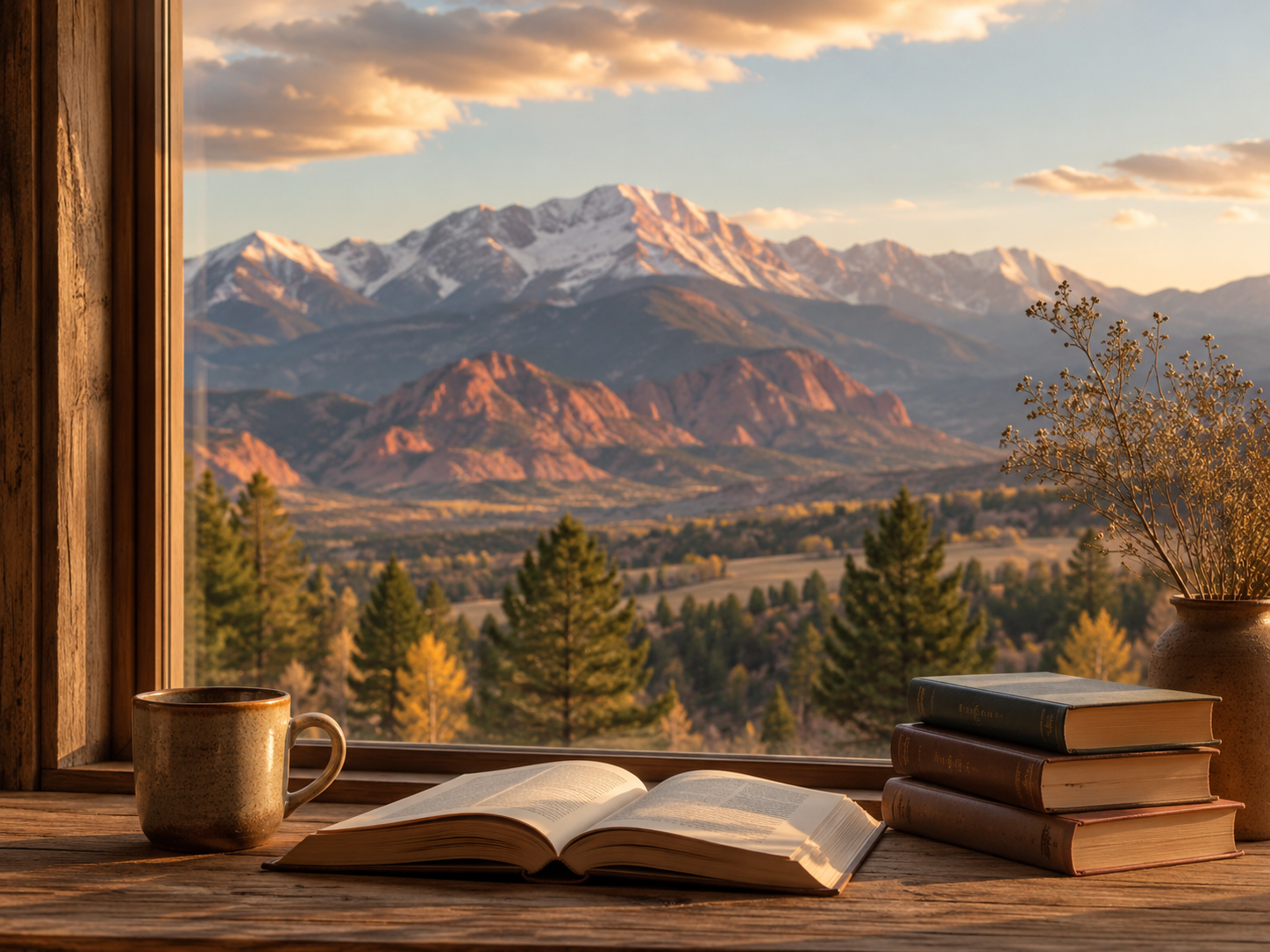 A view of snow-capped mountains in the distance through a window, with a stack of books, an open book, a mug, and a potted plant on a wooden surface in the foreground, illuminated by warm natural light.