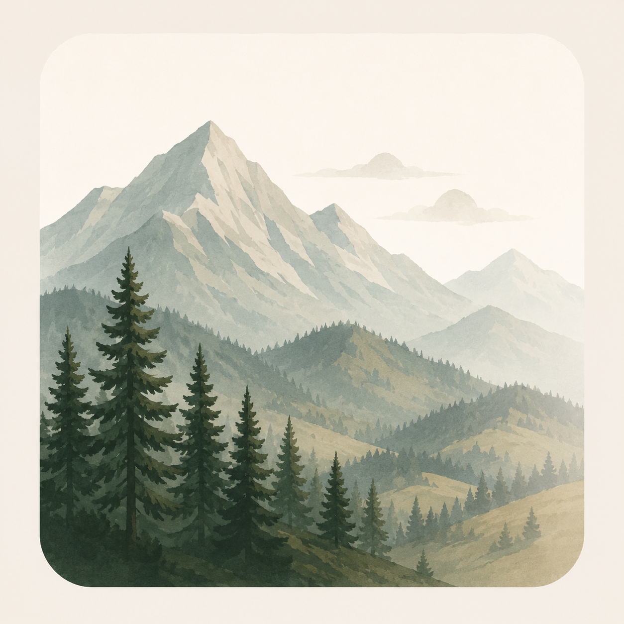 A digital painting of a mountain landscape with multiple layers of mountains and pine trees in the foreground