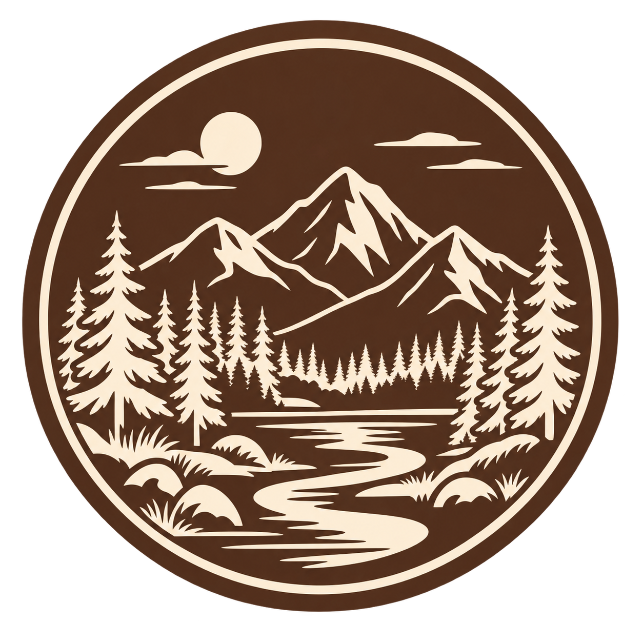 Round emblem with a mountain landscape, trees, river, clouds, and the moon.
