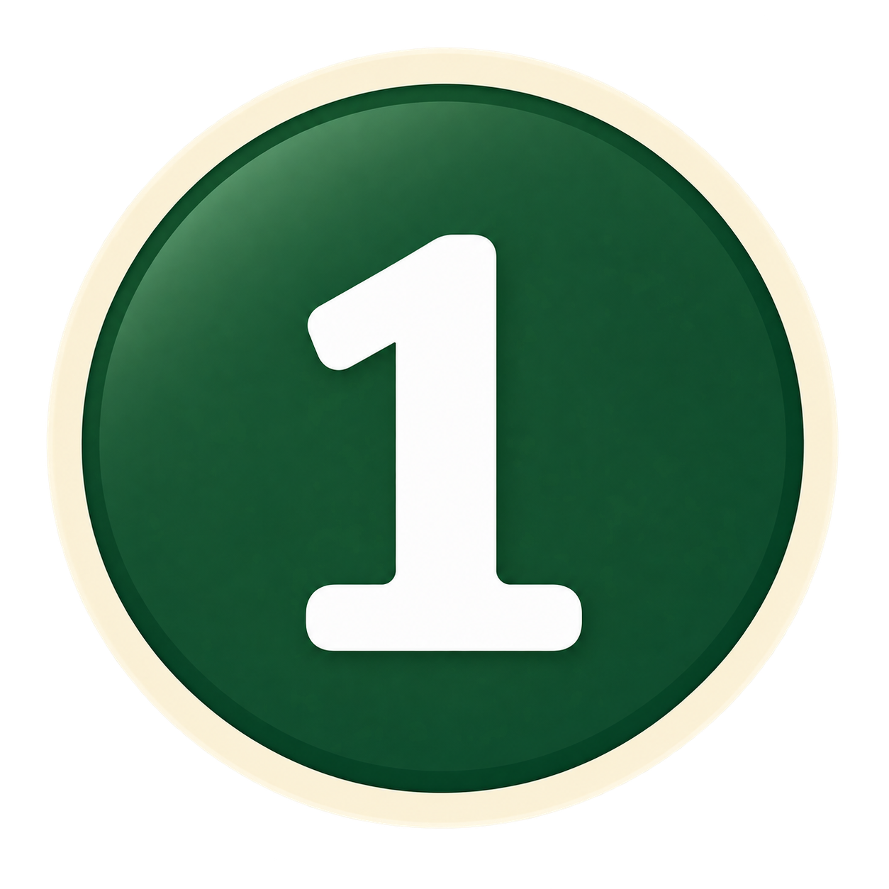 Green circular badge with a large white number one in the center.