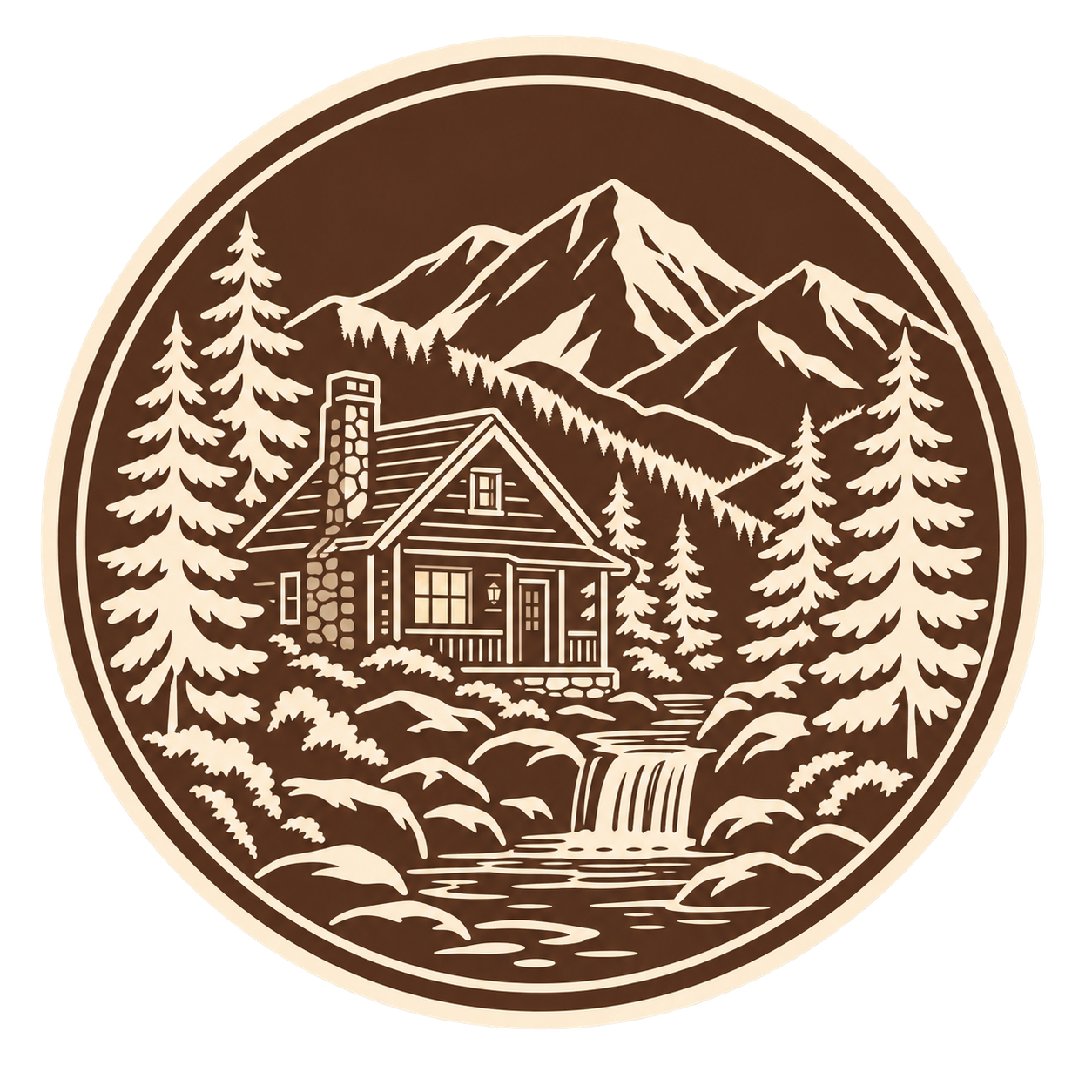 Illustration of a mountain cabin surrounded by trees with mountains in the background, a stream in the foreground, and a circular border.