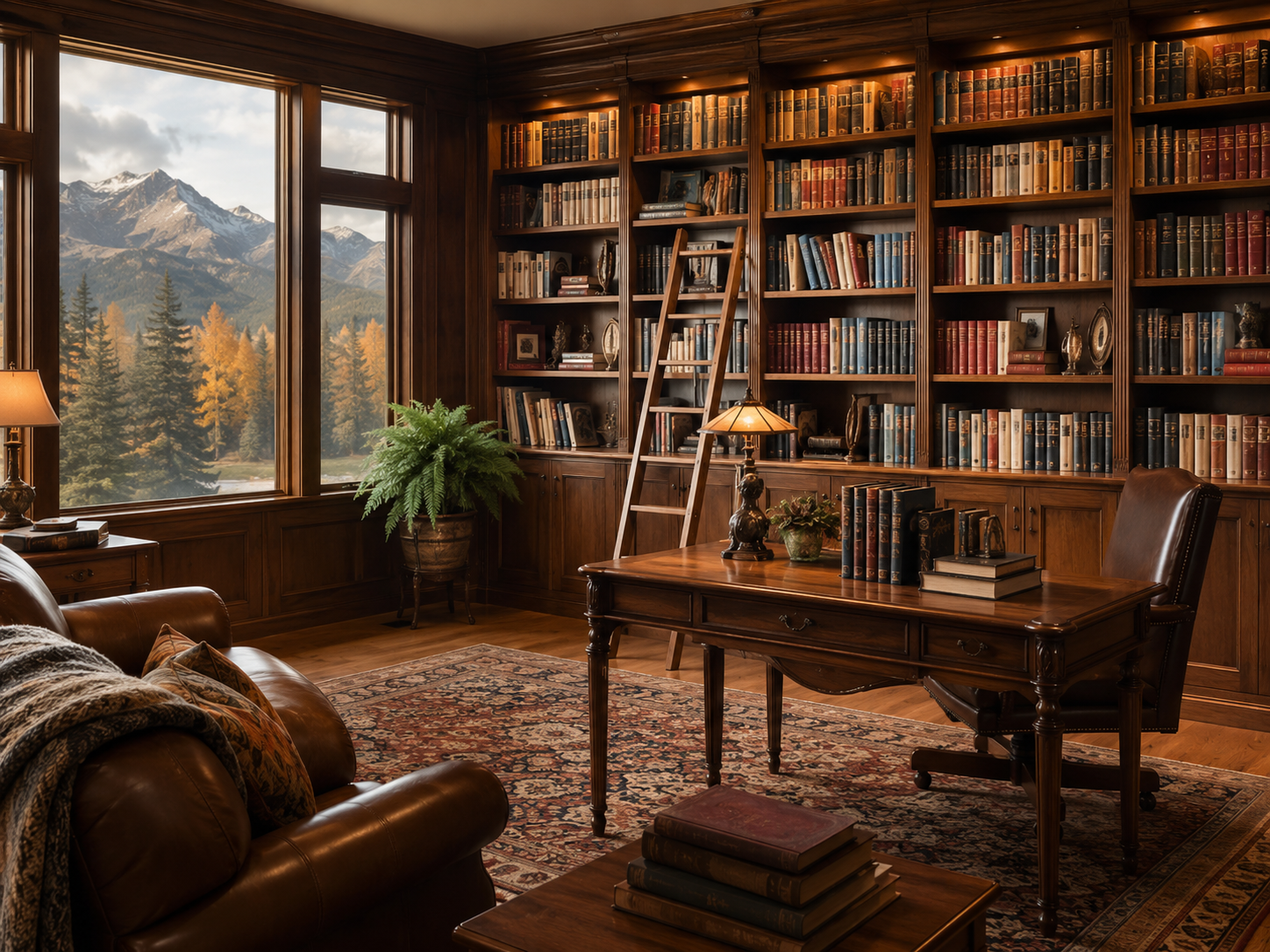 A cozy home library with large windows showing a mountain landscape, filled with wooden bookshelves, a leather armchair, a wooden desk, and a colorful rug.