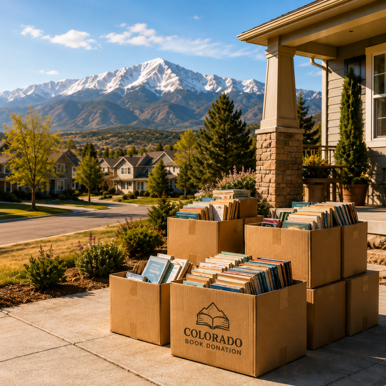 Boxes of books labeled 'Colorado Book Donation' outside a house with a view of snow-capped mountains in the background.