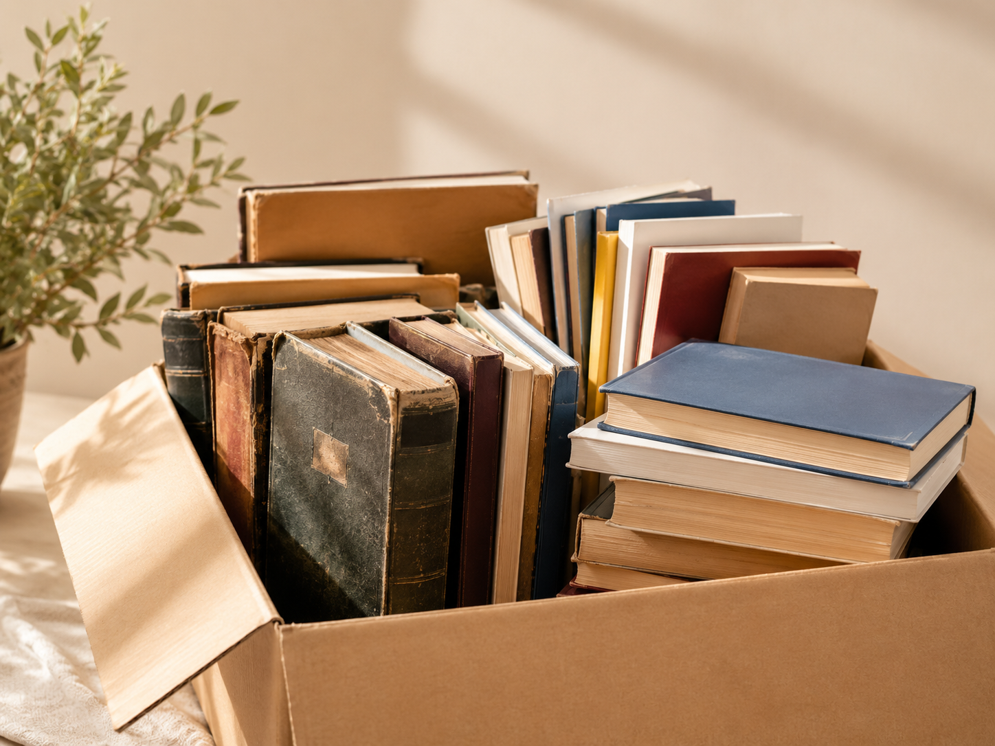 A cardboard box filled with old and new books, some with worn covers, next to a potted plant, on a light-colored surface.