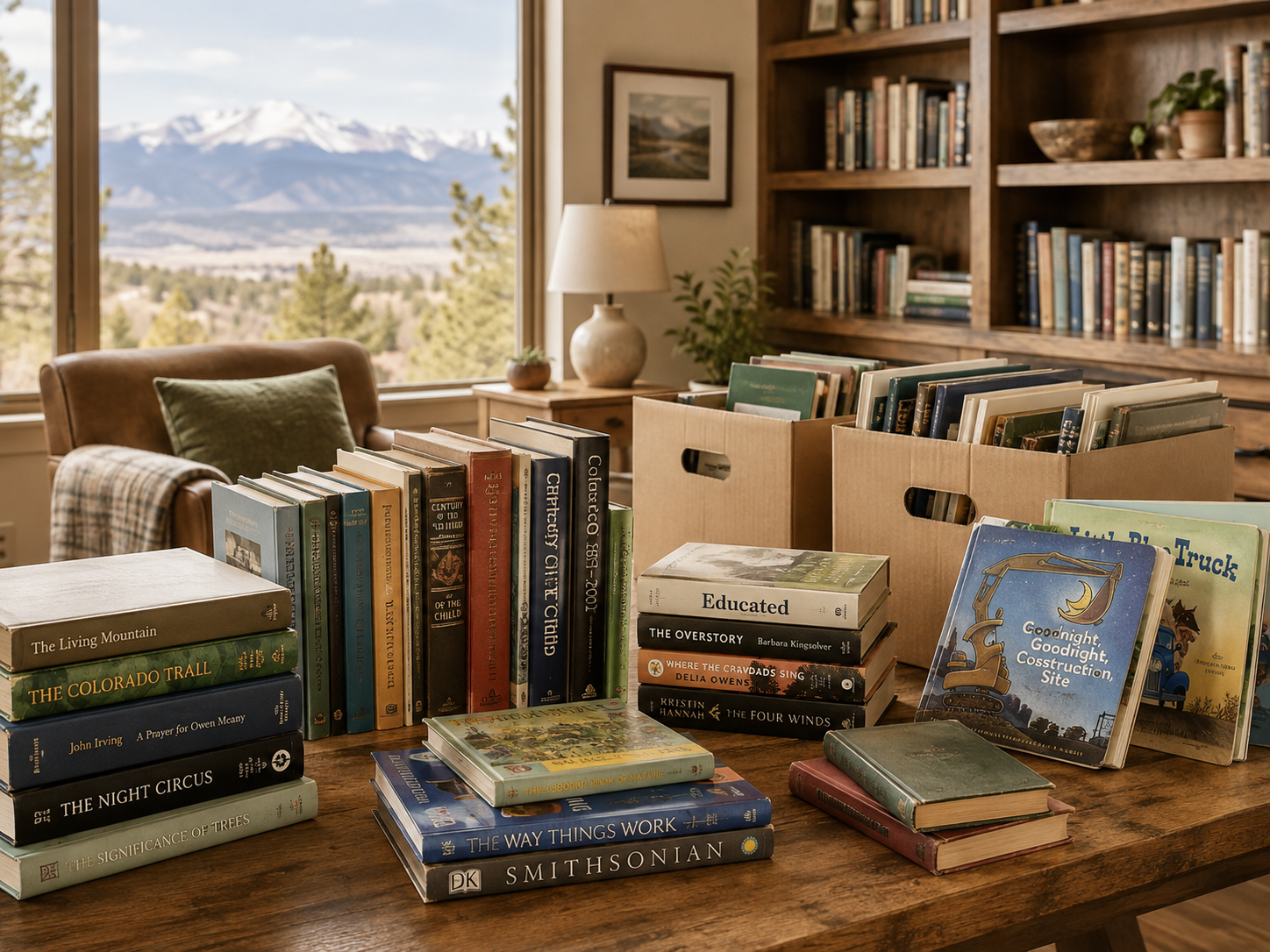 Books on a wooden table in a cozy room with a view of snow-capped mountains through the window.