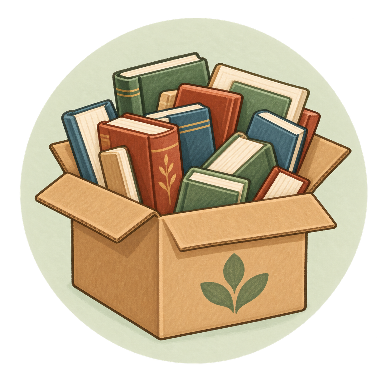 An illustration of a cardboard box filled with assorted hardcover books with various colored covers, some with decorative designs, and a green leaf symbol on the box.