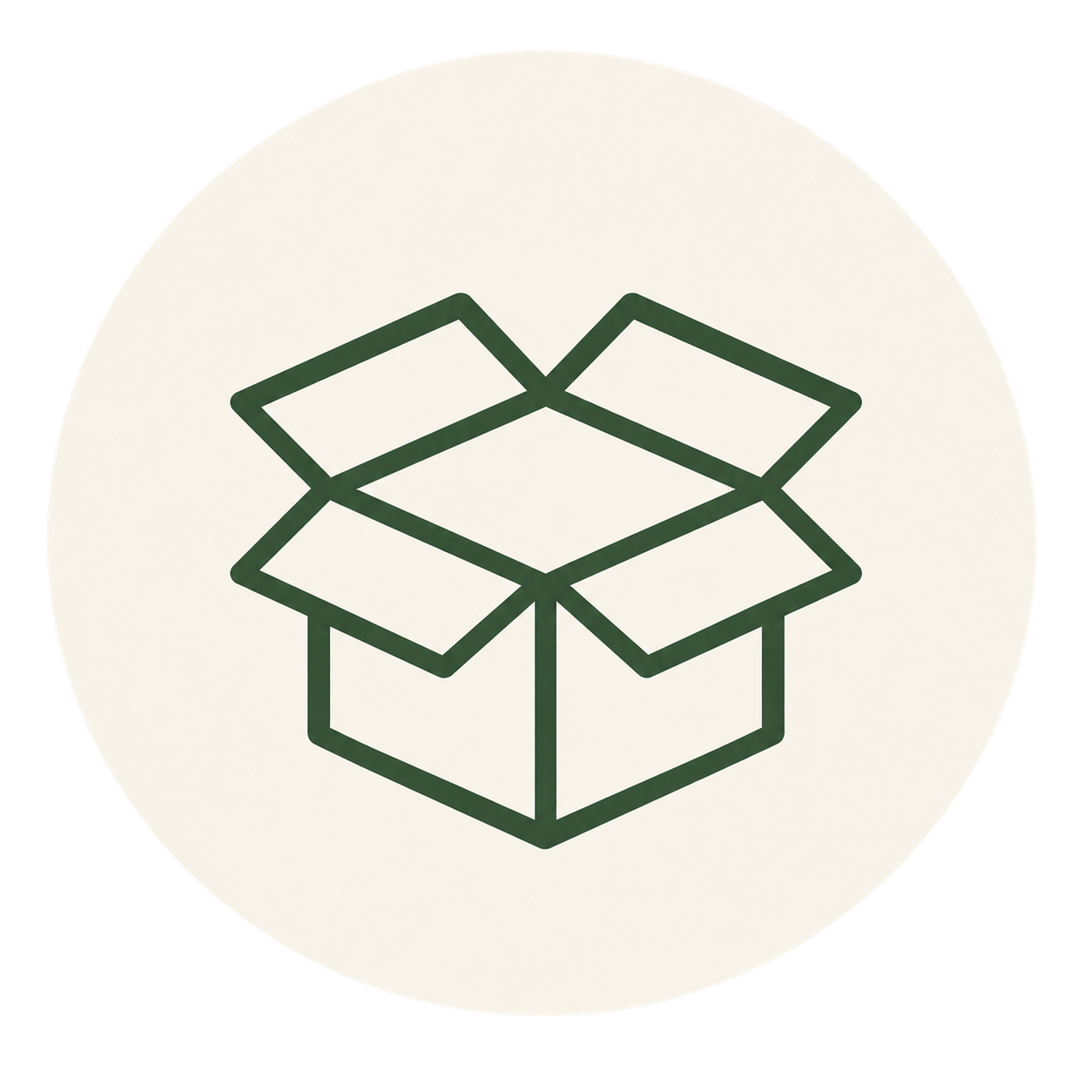 Line drawing of an open cardboard box with the flaps spread outward.