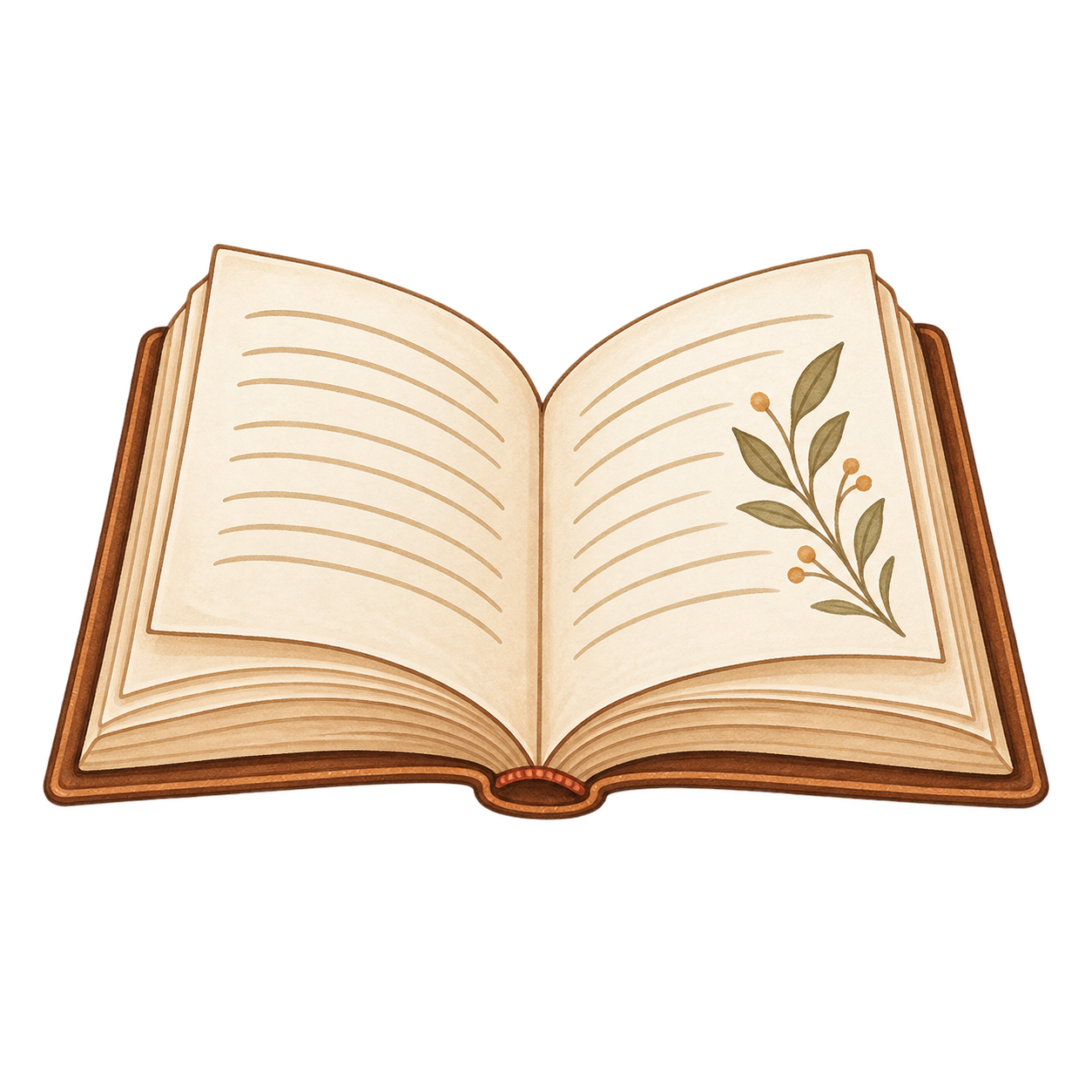 Illustration of an open book with blank lines on the pages and a botanical illustration of a sprig with leaves and small berries on the right page.