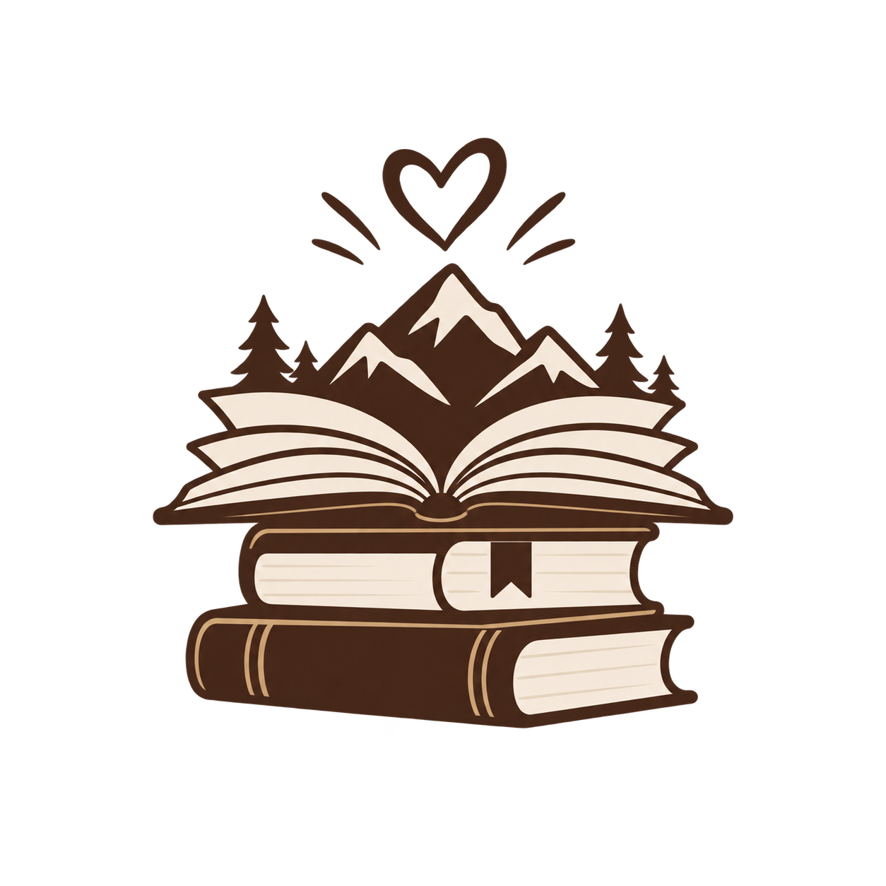 Illustration of a stack of three books with mountains, pine trees, and a heart above them.