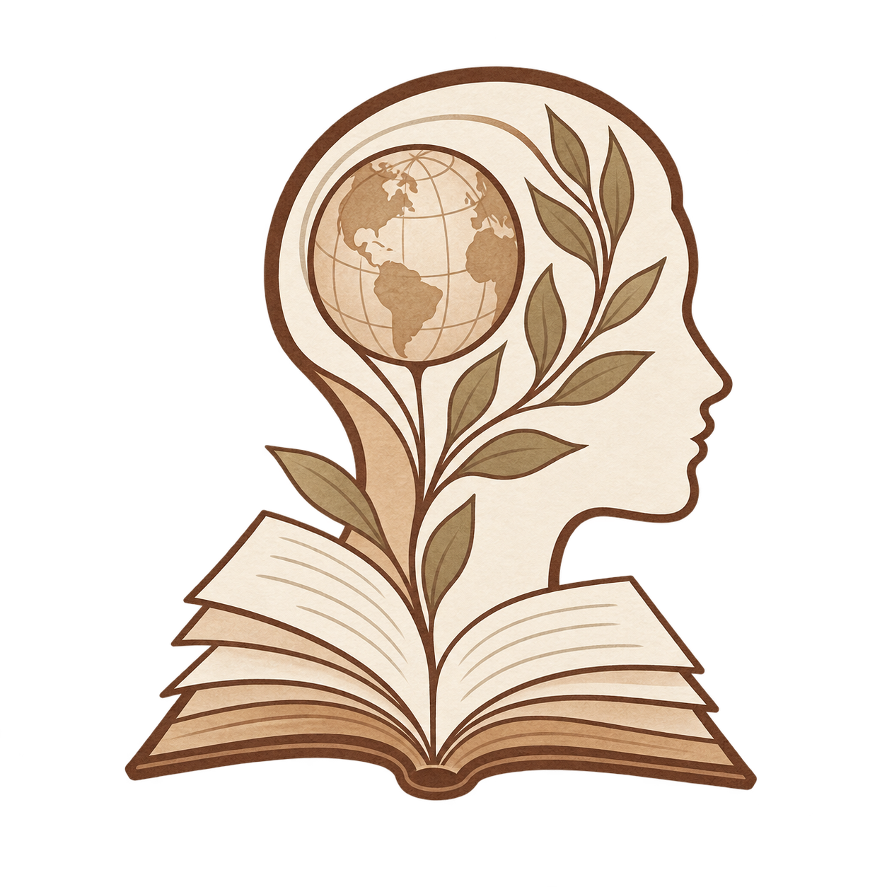 Illustration of a human head with a globe inside it and a book at the base, symbolizing knowledge and global awareness.