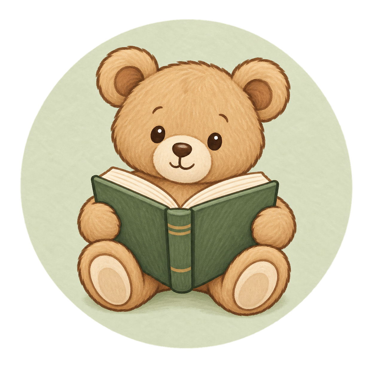 Cute teddy bear sitting and reading a green book, with round ears, big eyes, and a cheerful expression, on a light green background.