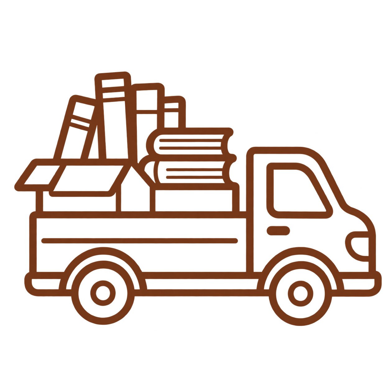 Outline of a truck carrying stacked boxes and furniture.