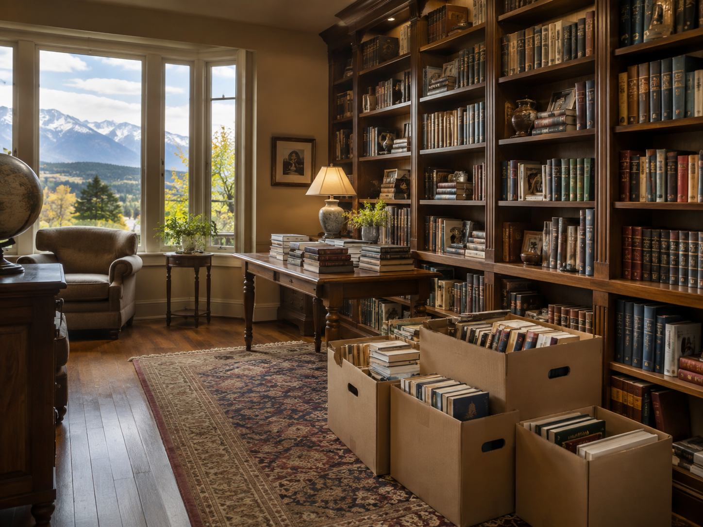 A cozy library room with large window overlooking mountains and trees, filled with bookshelves, a table with books, a sofa, and a patterned rug.