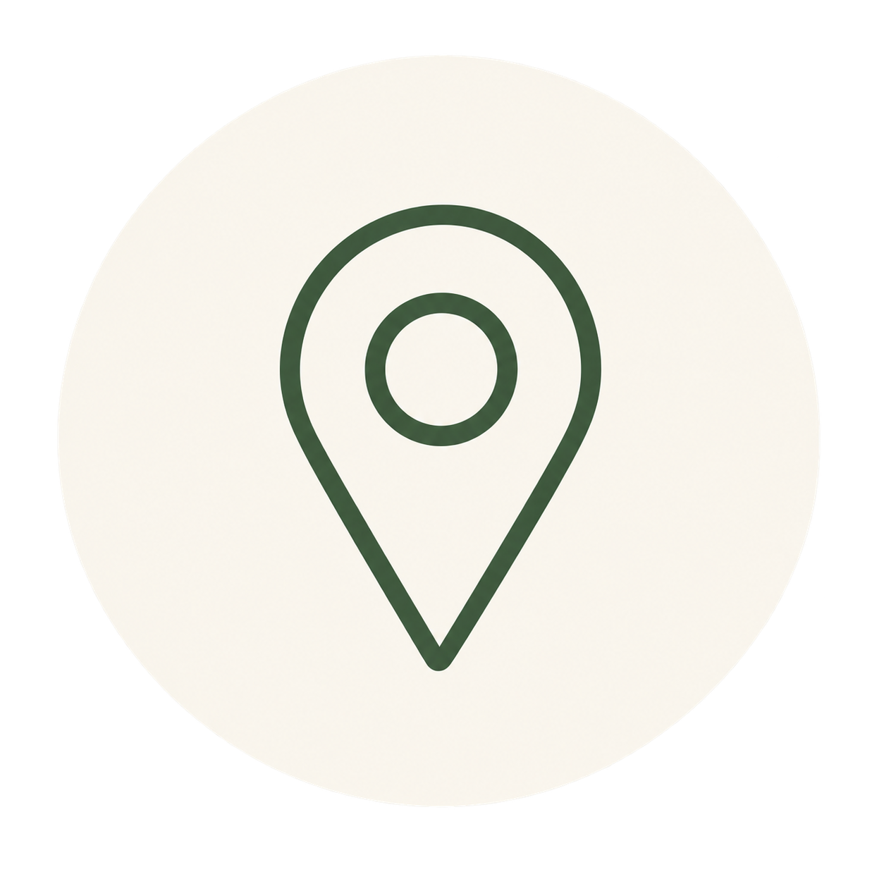 A green map location pin icon on a white circular background.