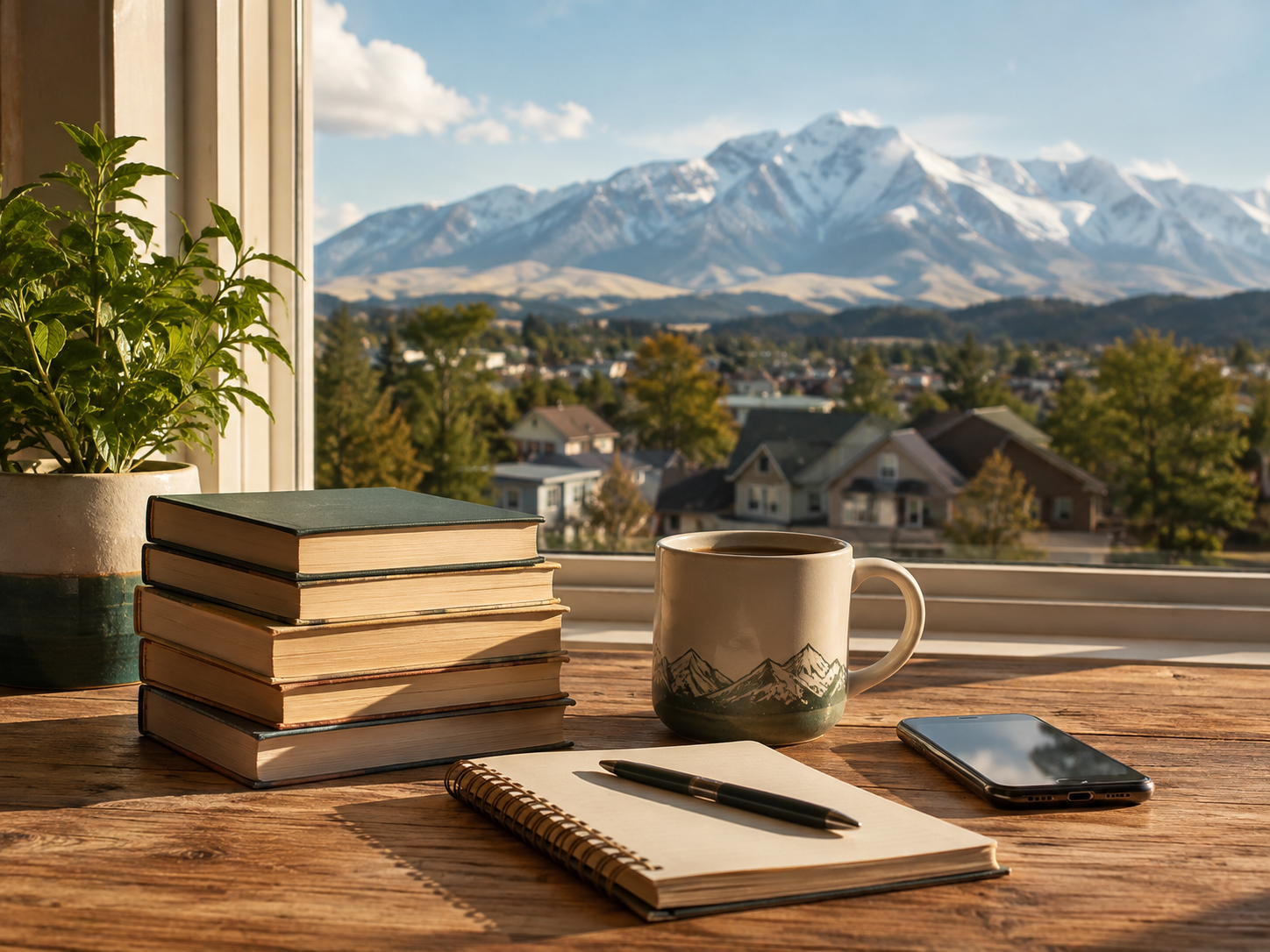 View of a wooden desk with stacked books, a cup of coffee, a notebook with a pen, a smartphone, and a potted plant, with a window showing a mountain range and a neighborhood in the background.
