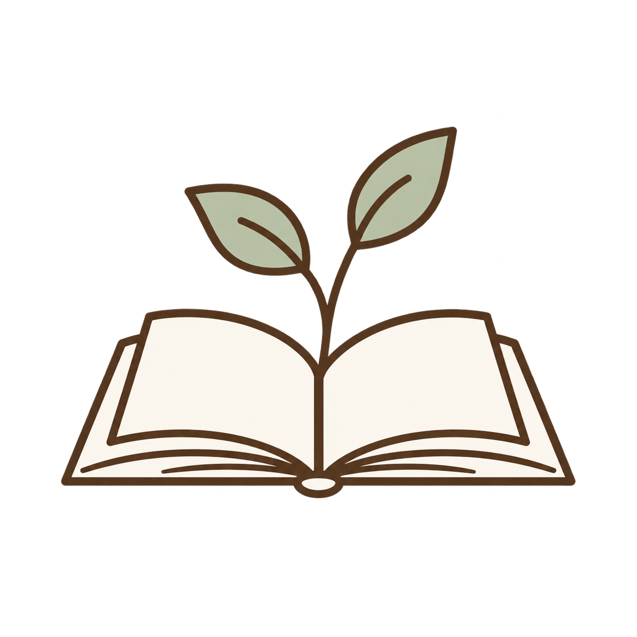 An open book with a plant sprouting from its center, featuring two green leaves.