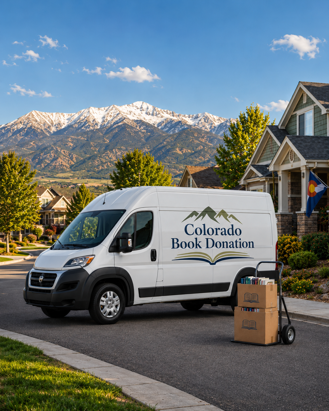 Colorado Book Donation van with books ready for pickup in a Colorado neighborhood near Pikes Peak