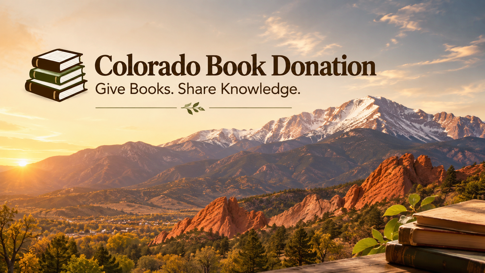 A mountain landscape at sunset with snow-capped peaks, orange rocky formations, and trees in the foreground. Overlaid text reads "Colorado Book Donation" with the tagline "Give Books. Share Knowledge." and an illustration of stacked books.