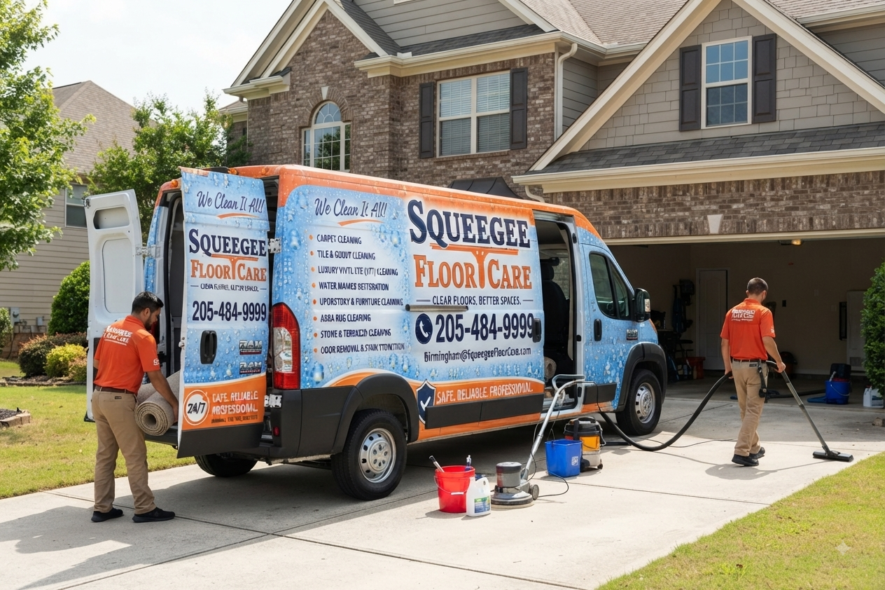 Two workers from Squeegee Floor Care cleaning the driveway of a house with professional cleaning equipment. The work van features company branding and contact information.