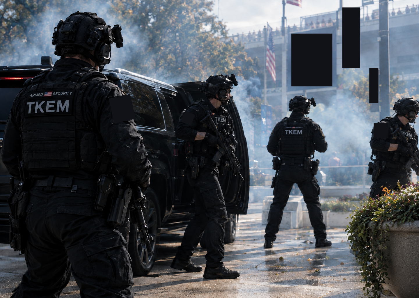 Four armed security personnel in black tactical gear with 'TKEM' patches stand near a black vehicle in an outdoor urban setting, with smoke and an elevated walkway in the background.